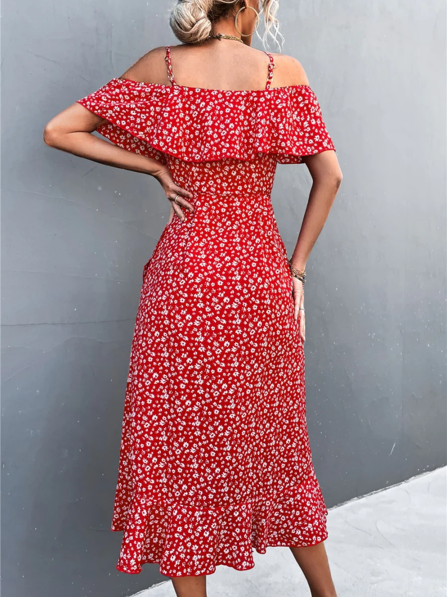 Off-the-shoulder Floral Print Sundress With Ruffles, Midi Length - Image 11