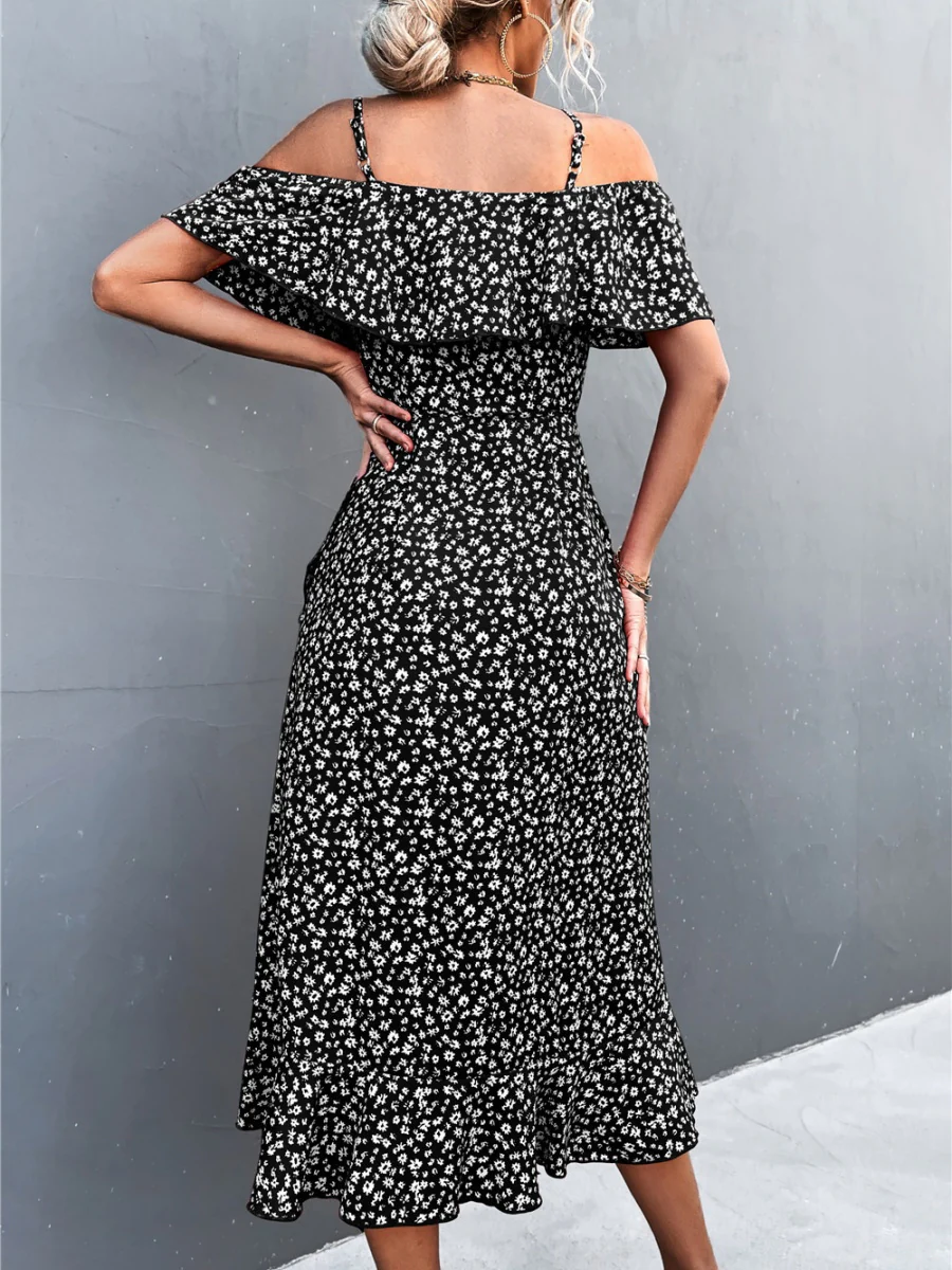 Off-the-shoulder Floral Print Sundress With Ruffles, Midi Length - Image 3