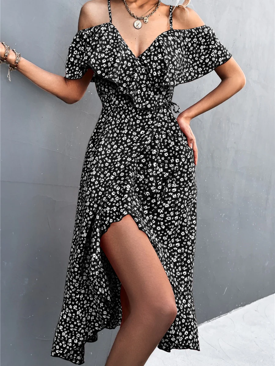 Off-the-shoulder Floral Print Sundress With Ruffles, Midi Length - Image 4