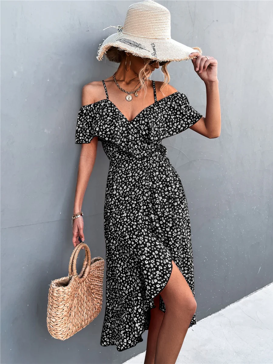 Off-the-shoulder Floral Print Sundress With Ruffles, Midi Length - Image 5