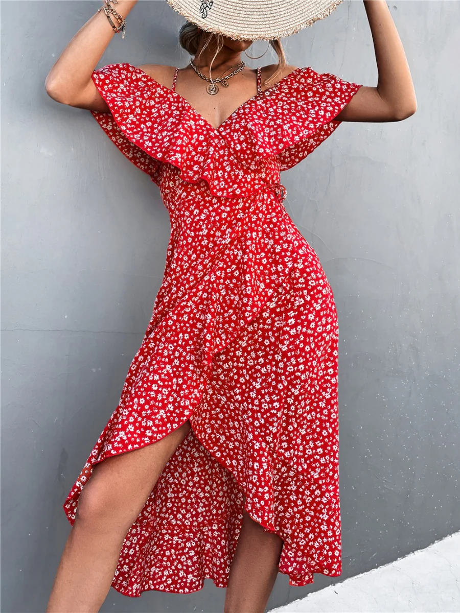 Off-the-shoulder Floral Print Sundress With Ruffles, Midi Length - Image 9