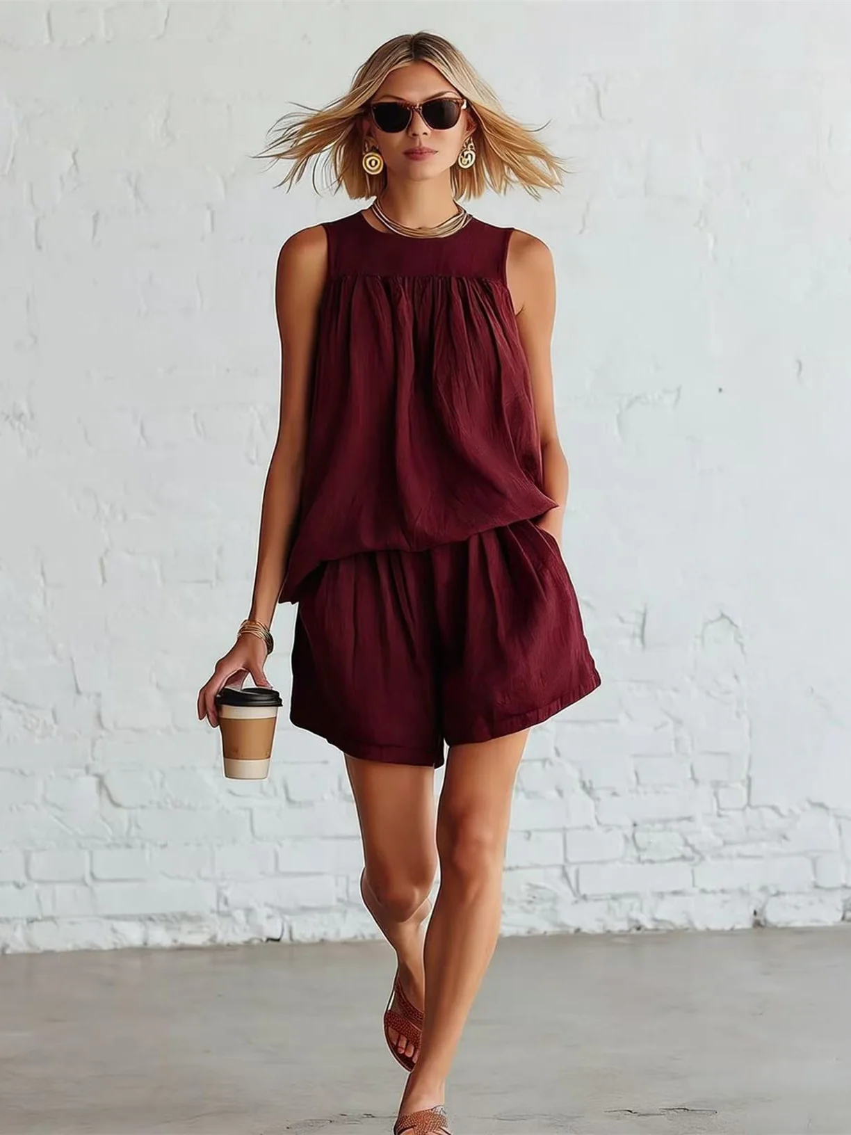 Gathered Solid Color Two-piece Set - Image 13