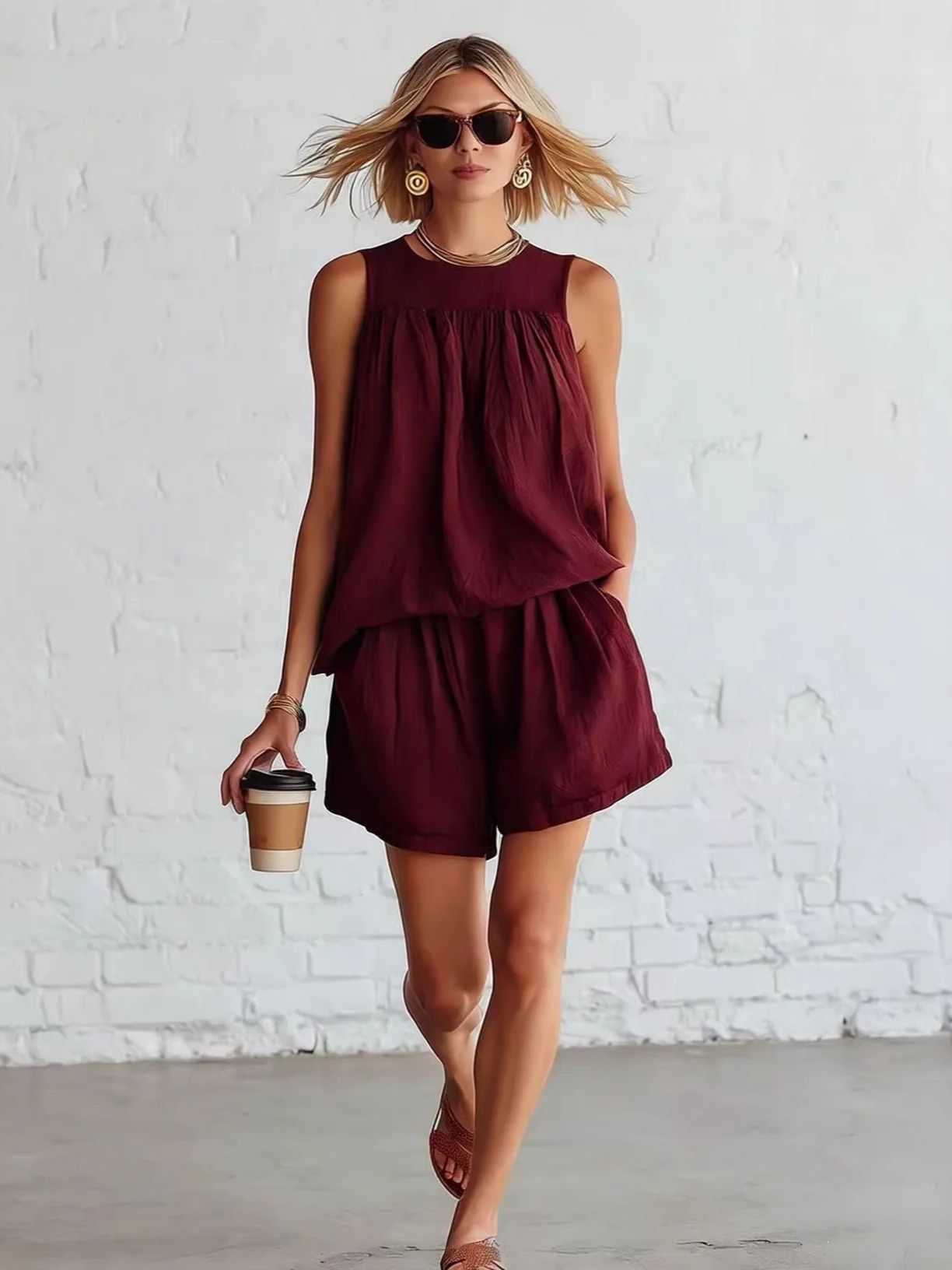 Gathered Solid Color Two-piece Set - Image 3