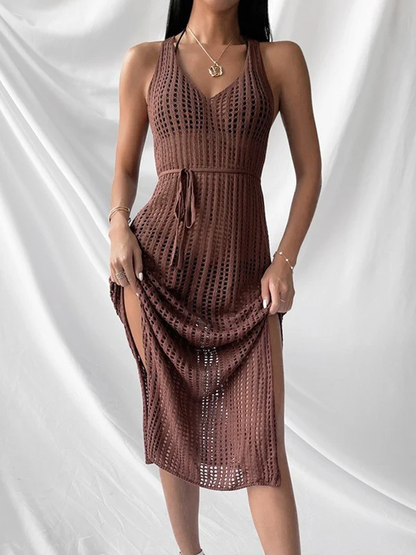 Hollow-out Solid Color Midi Dress For Women - Image 3