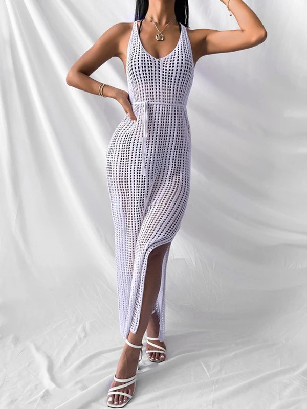 Hollow-out Solid Color Midi Dress For Women - Image 4