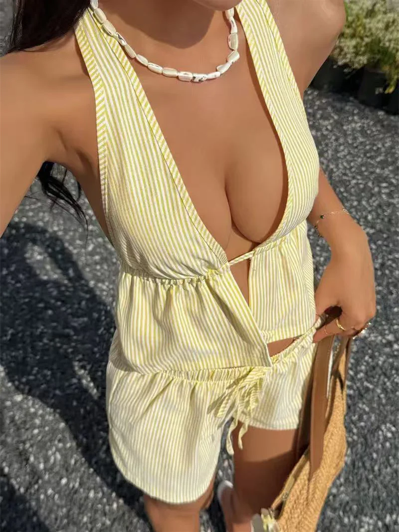 Backless Striped Plaid Two-piece Women's Suit - Image 2