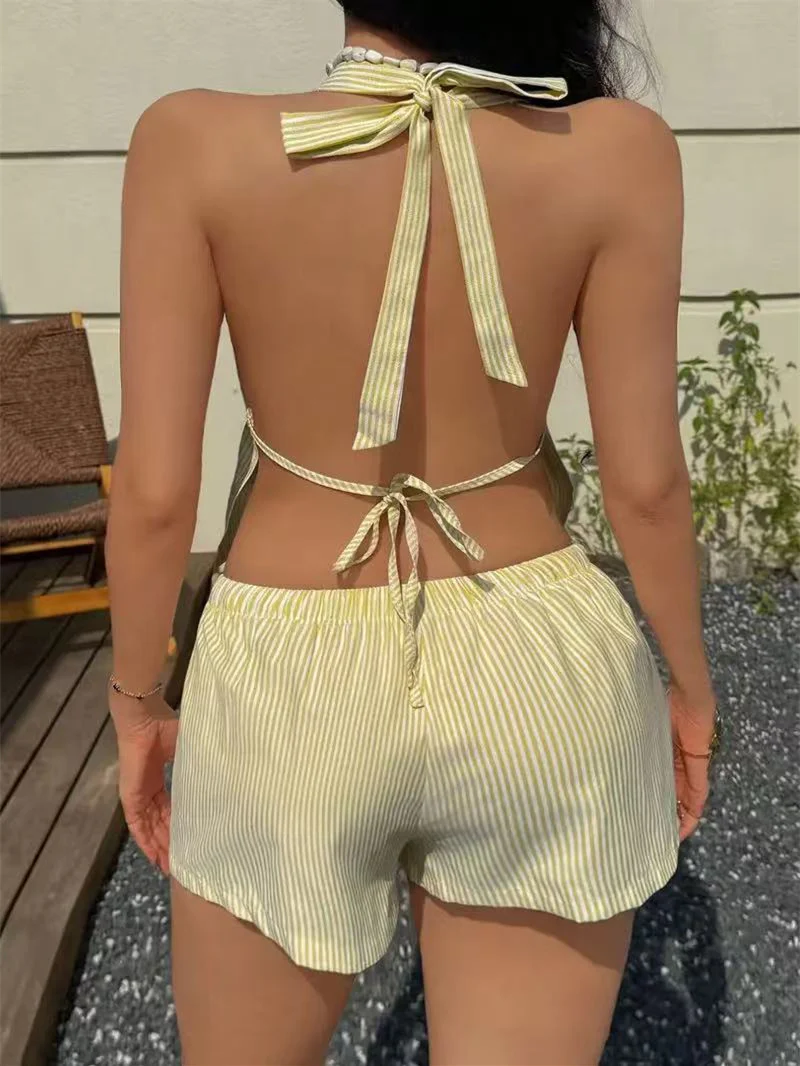 Backless Striped Plaid Two-piece Women's Suit - Image 3