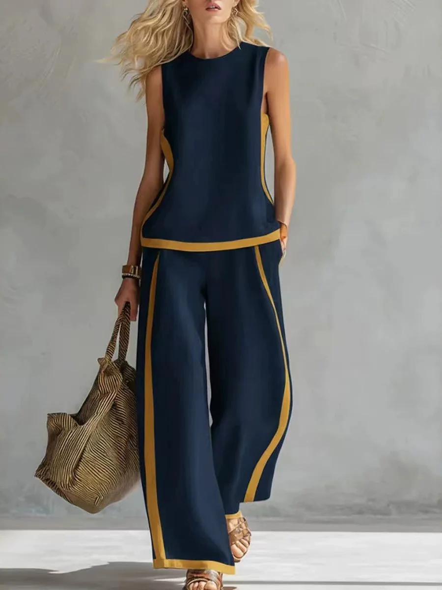 Color-blocked Geometric Pattern Casual Two-piece Women's Clothing - Image 2