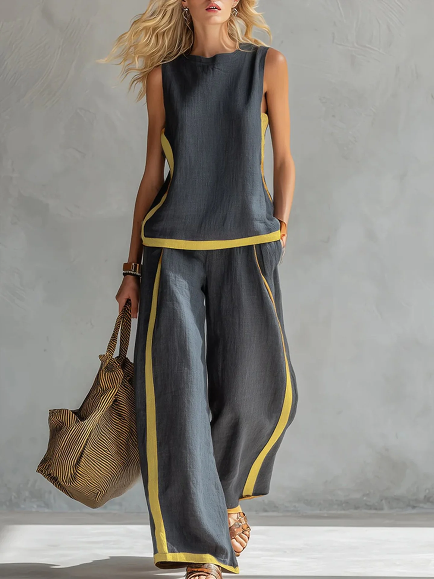 Color-blocked Geometric Pattern Casual Two-piece Women's Clothing - Image 3