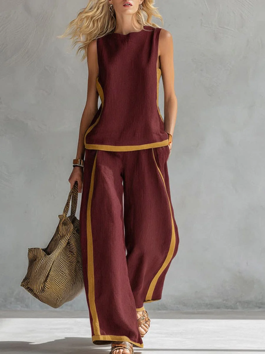 Color-blocked Geometric Pattern Casual Two-piece Women's Clothing - Image 4