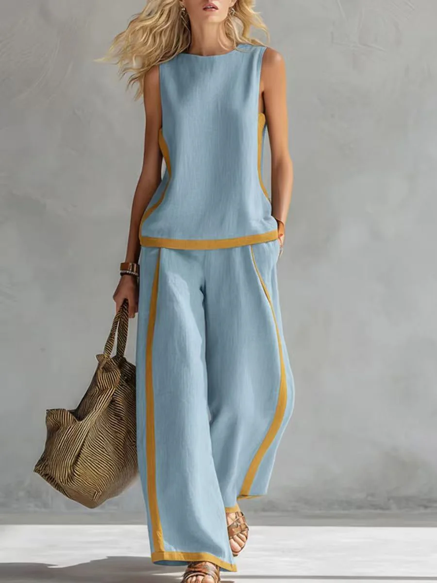 Color-blocked Geometric Pattern Casual Two-piece Women's Clothing - Image 6