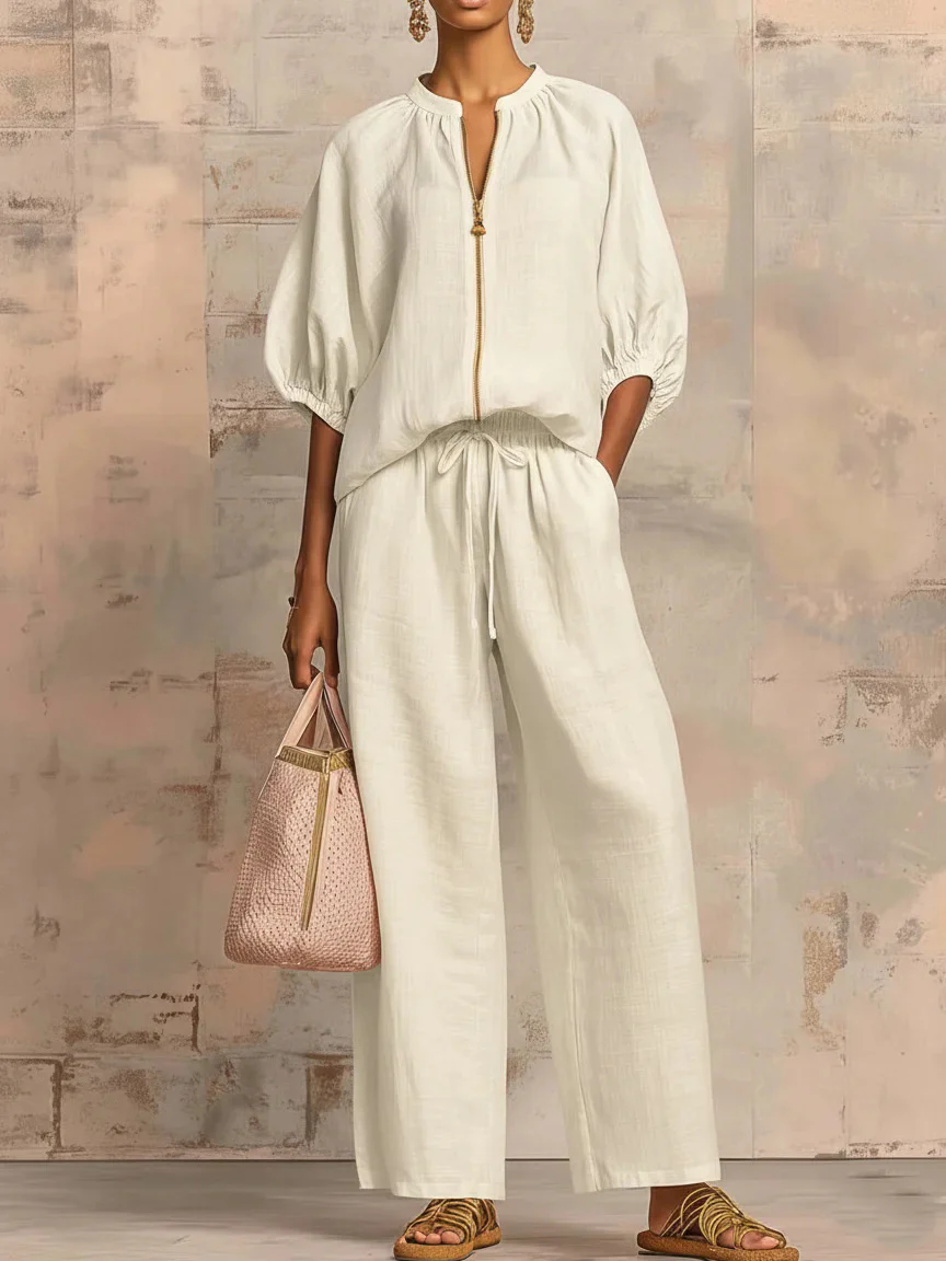 Relaxed Solid Color Top And Wide-leg Pants Two-piece Set