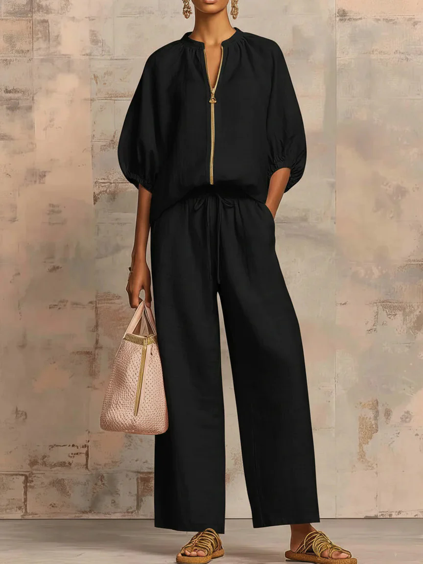 Relaxed Solid Color Top And Wide-leg Pants Two-piece Set - Image 2