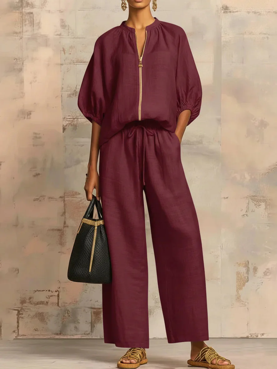Relaxed Solid Color Top And Wide-leg Pants Two-piece Set - Image 3