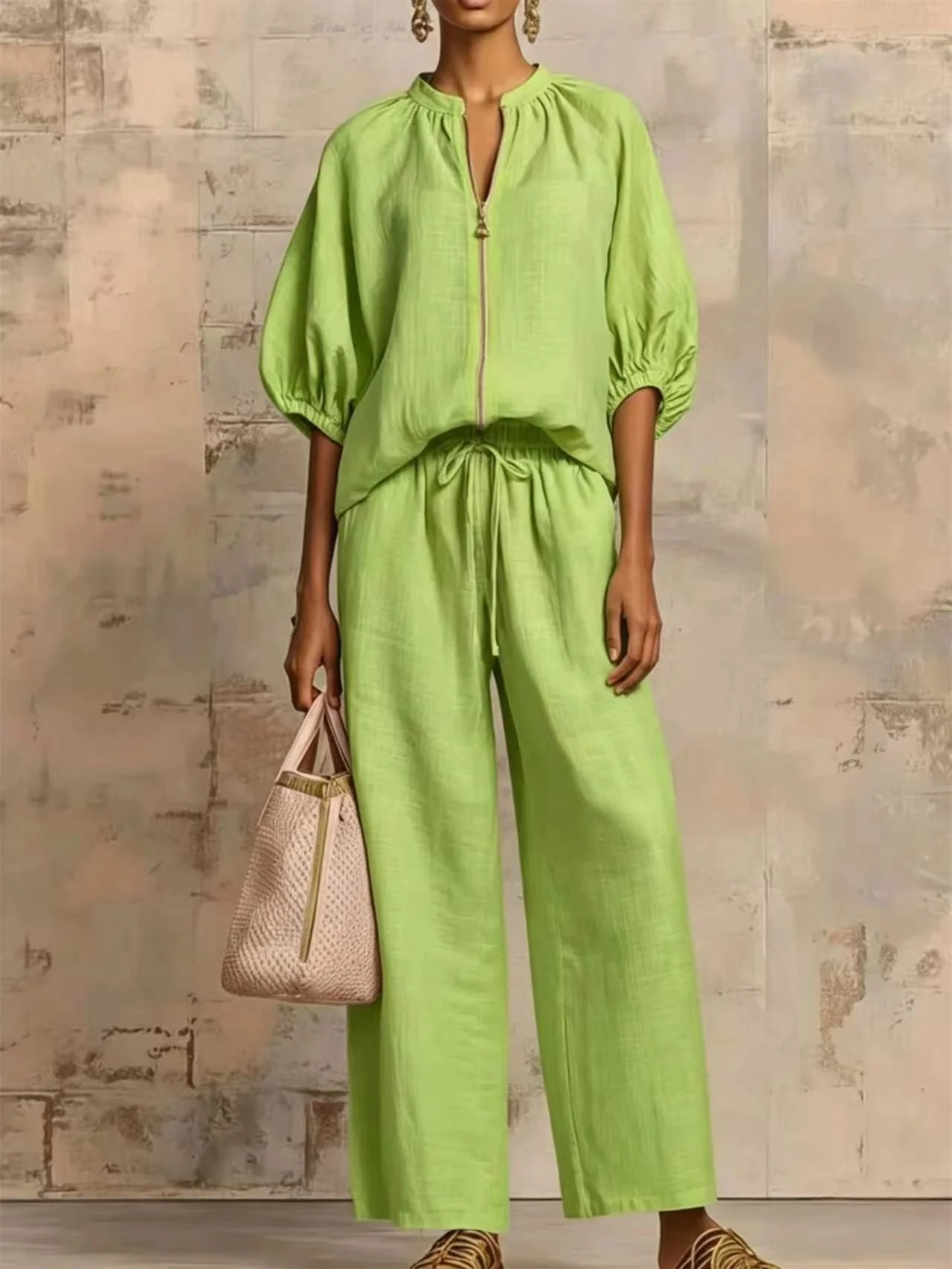 Relaxed Solid Color Top And Wide-leg Pants Two-piece Set - Image 4