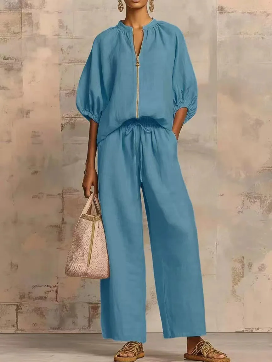 Relaxed Solid Color Top And Wide-leg Pants Two-piece Set - Image 5