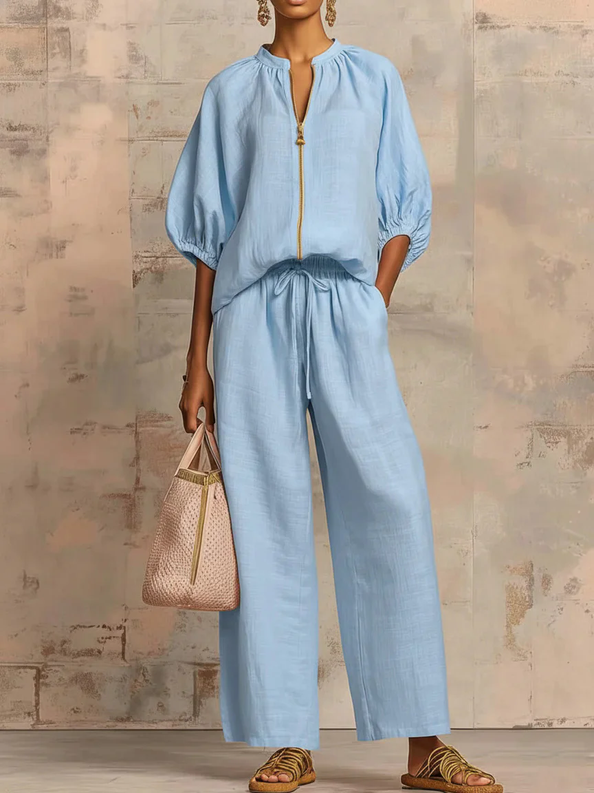 Relaxed Solid Color Top And Wide-leg Pants Two-piece Set - Image 6