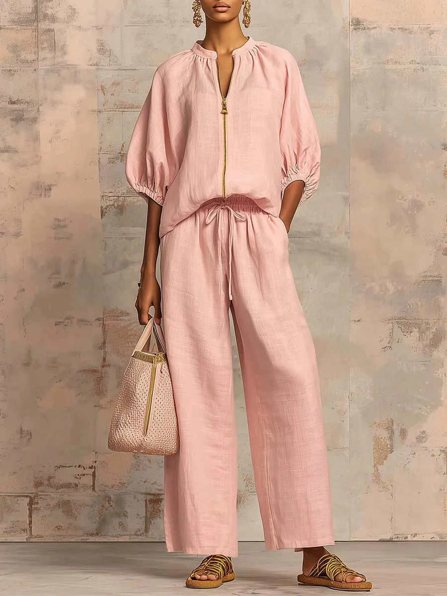 Relaxed Solid Color Top And Wide-leg Pants Two-piece Set - Image 7