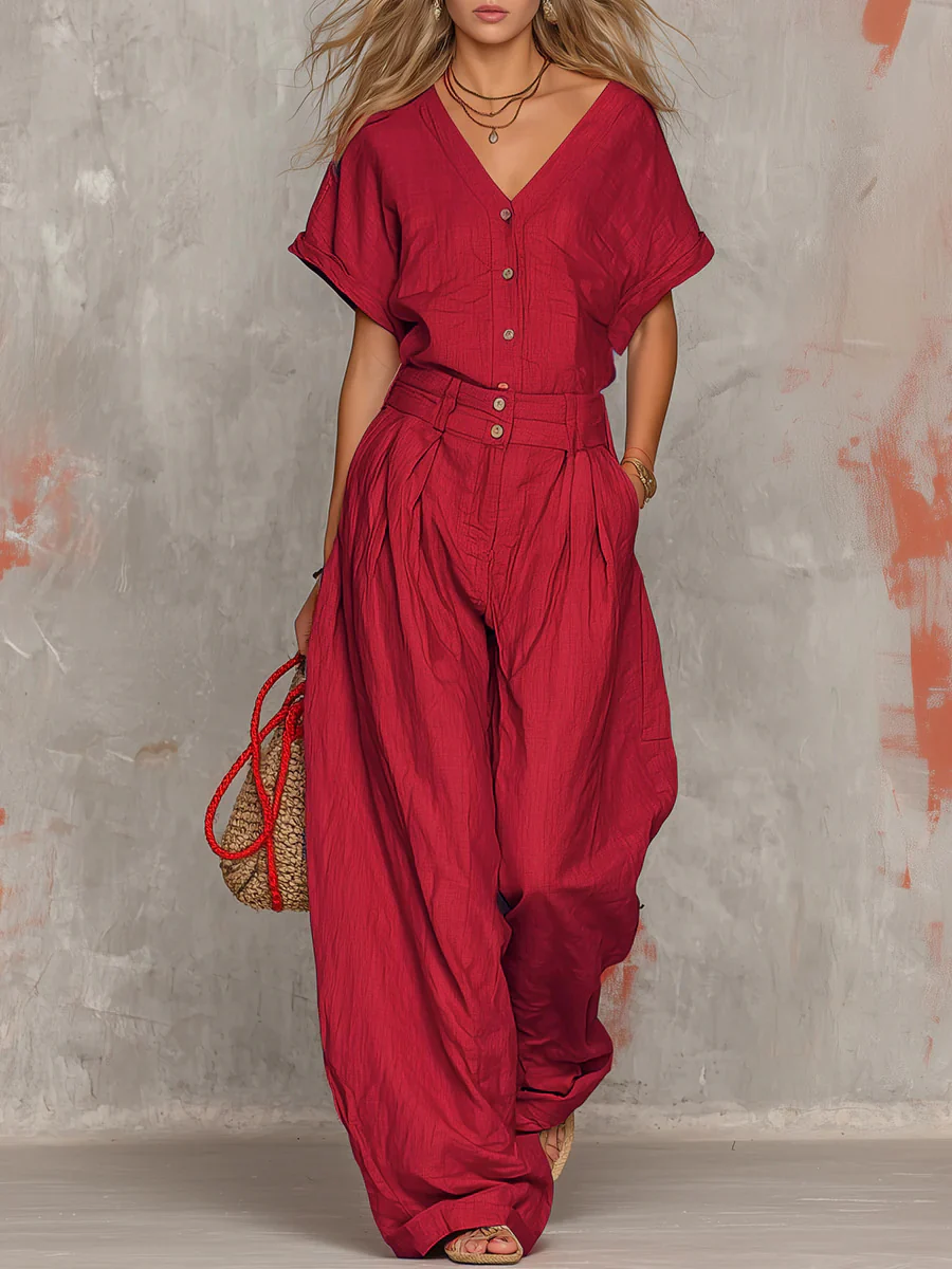 Solid Color Button-down Collar Jumpsuit - Image 3