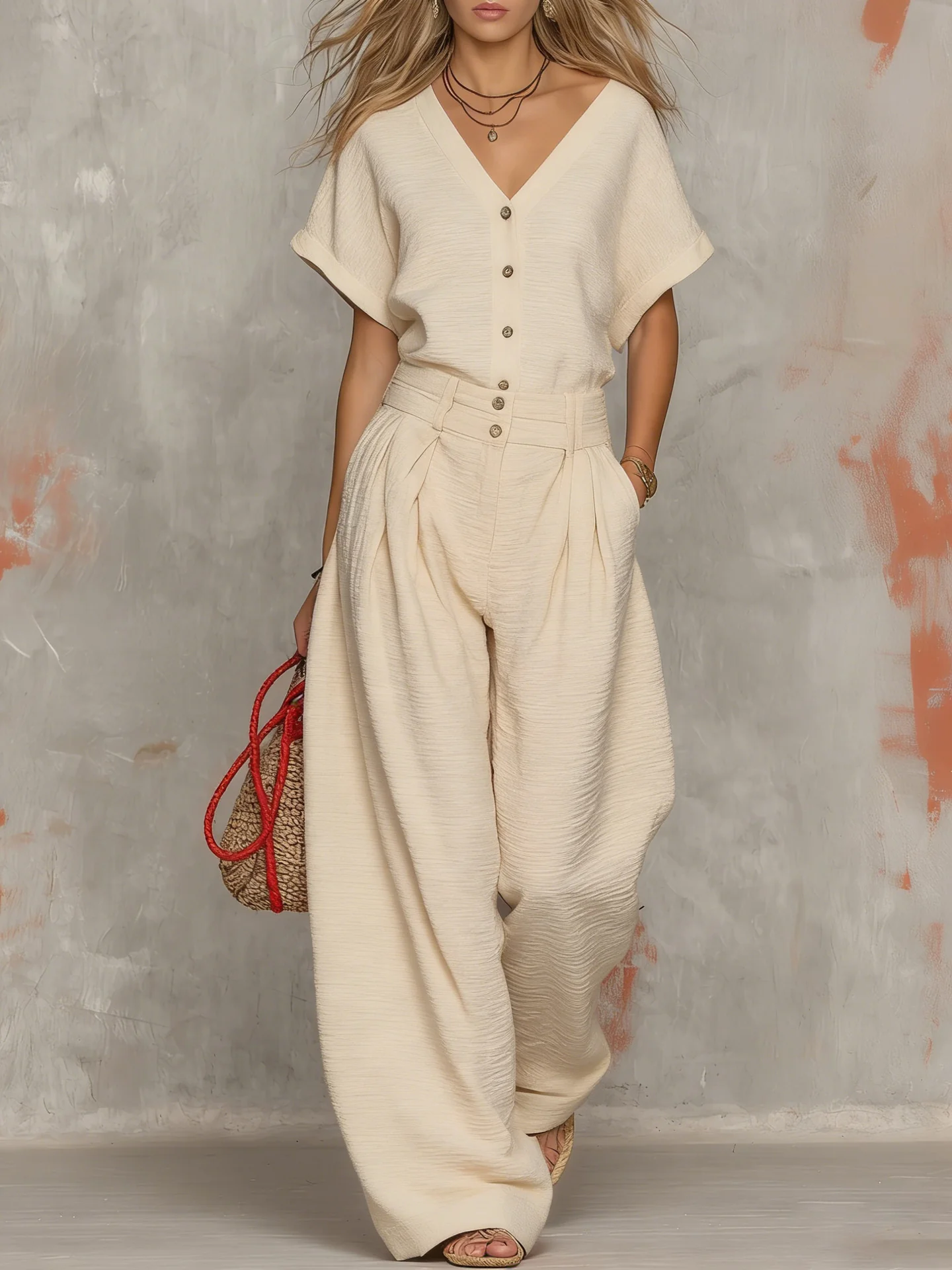 Solid Color Button-down Collar Jumpsuit - Image 5