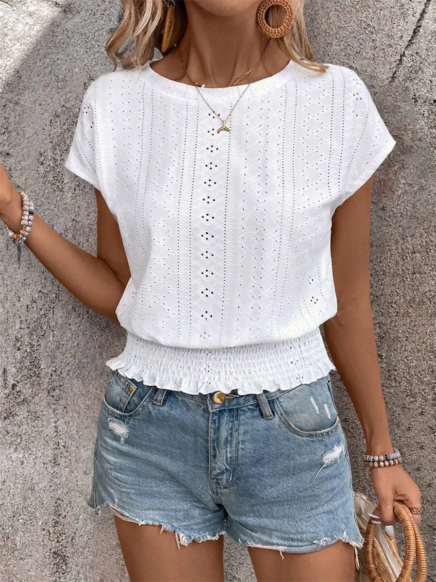 Minimalist Textured Solid Color Cutout T-shirt - Image 7