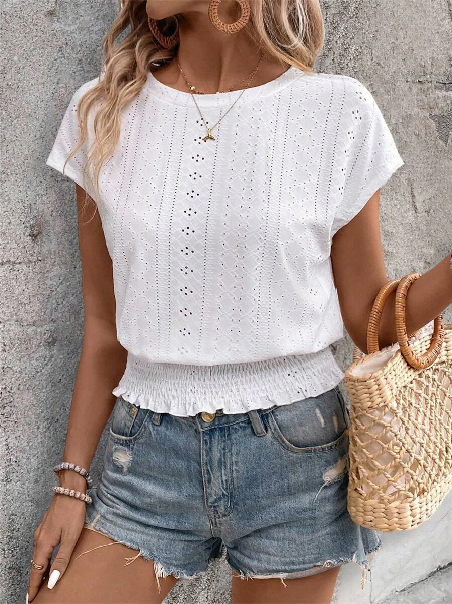 Minimalist Textured Solid Color Cutout T-shirt - Image 9