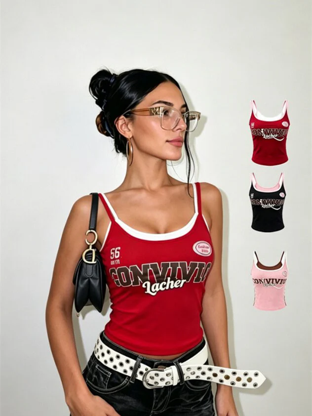 Unique Color-blocked Letter Print Slim-fit Base Vest