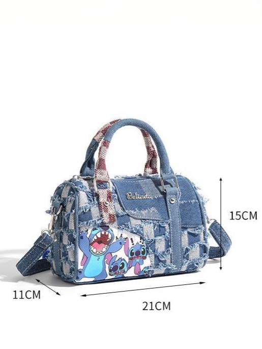 Stitch-themed Denim Patchwork Handbag - Image 10