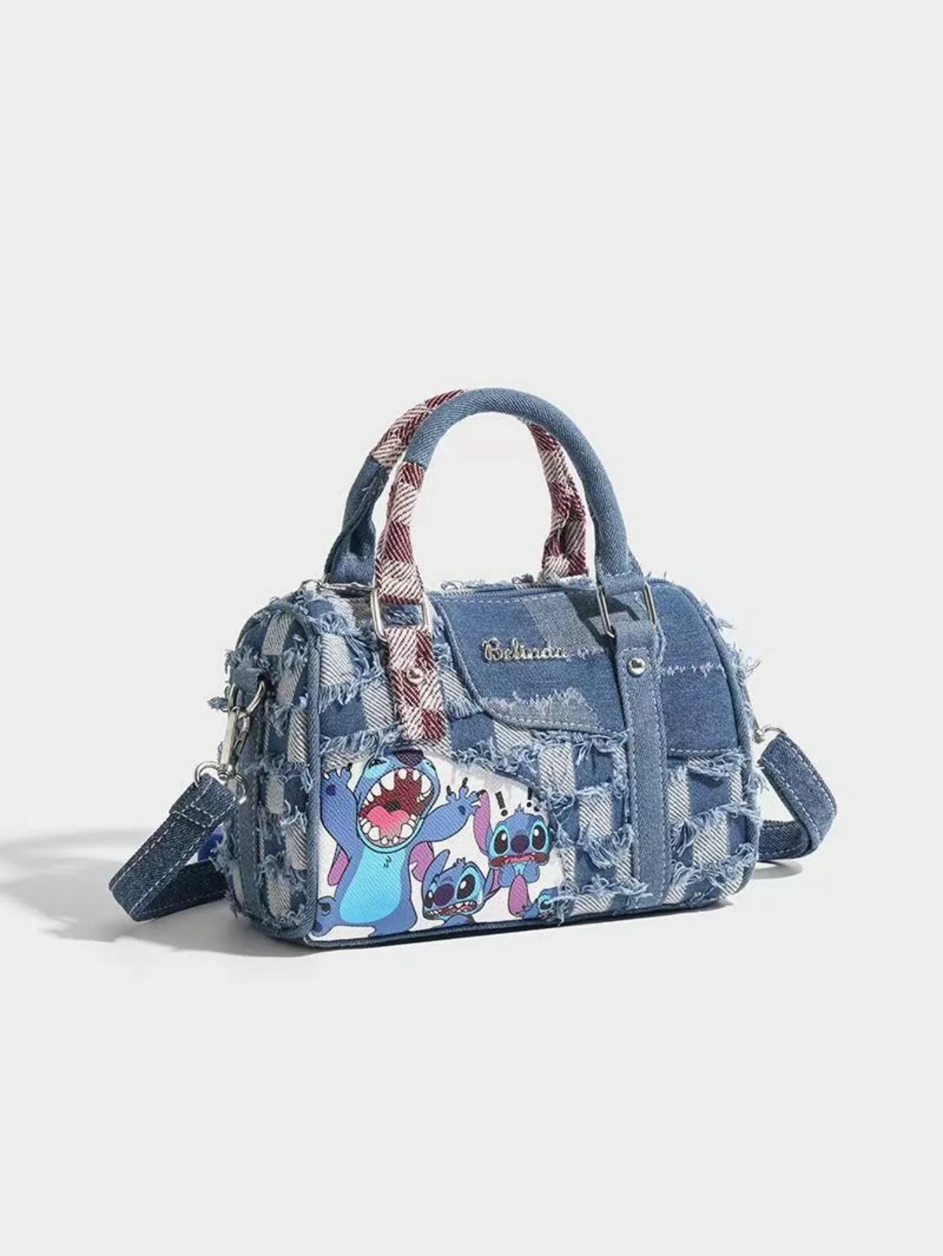 Stitch-themed Denim Patchwork Handbag - Image 4