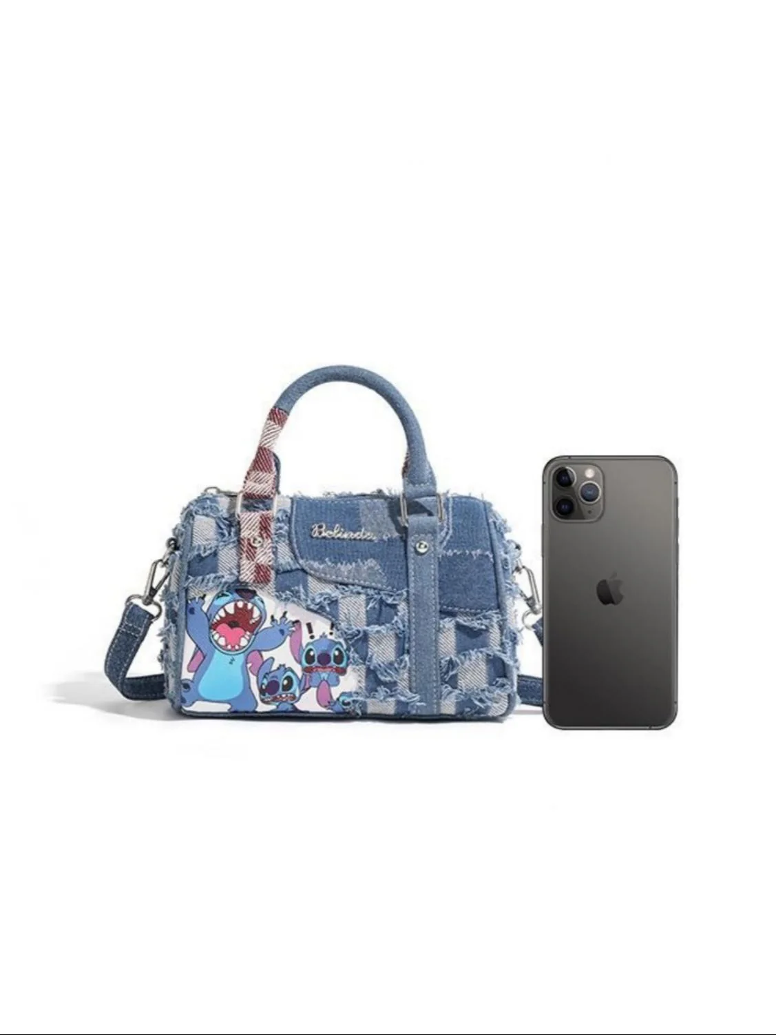 Stitch-themed Denim Patchwork Handbag - Image 5