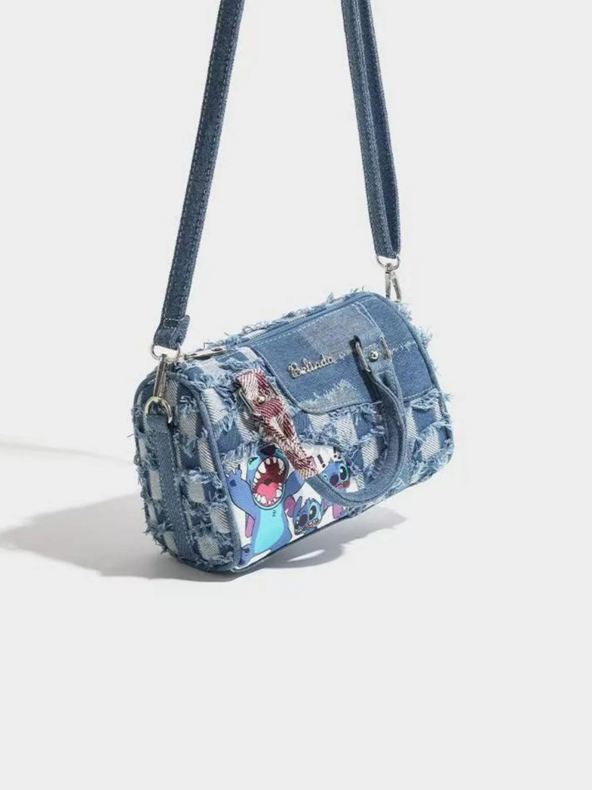 Stitch-themed Denim Patchwork Handbag - Image 8