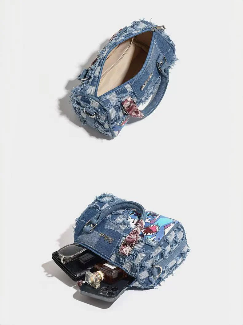 Stitch-themed Denim Patchwork Handbag - Image 9