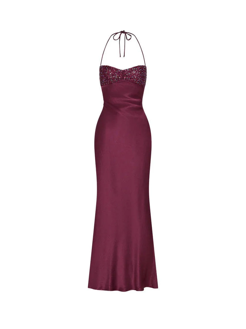 Strapless Sequined Satin Backless Tie-waist Bodycon Maxi Dress - Image 10