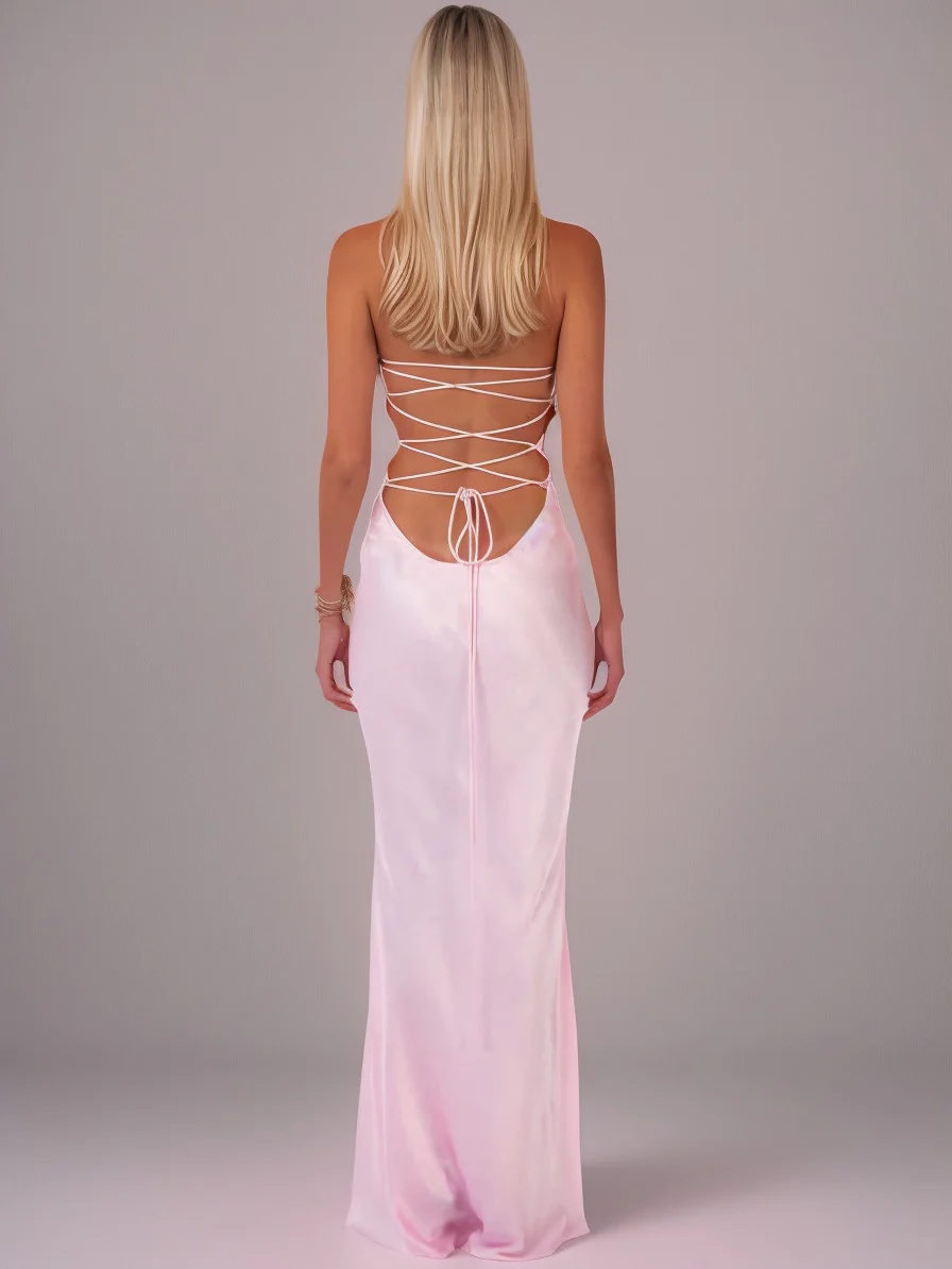 Strapless Sequined Satin Backless Tie-waist Bodycon Maxi Dress - Image 2