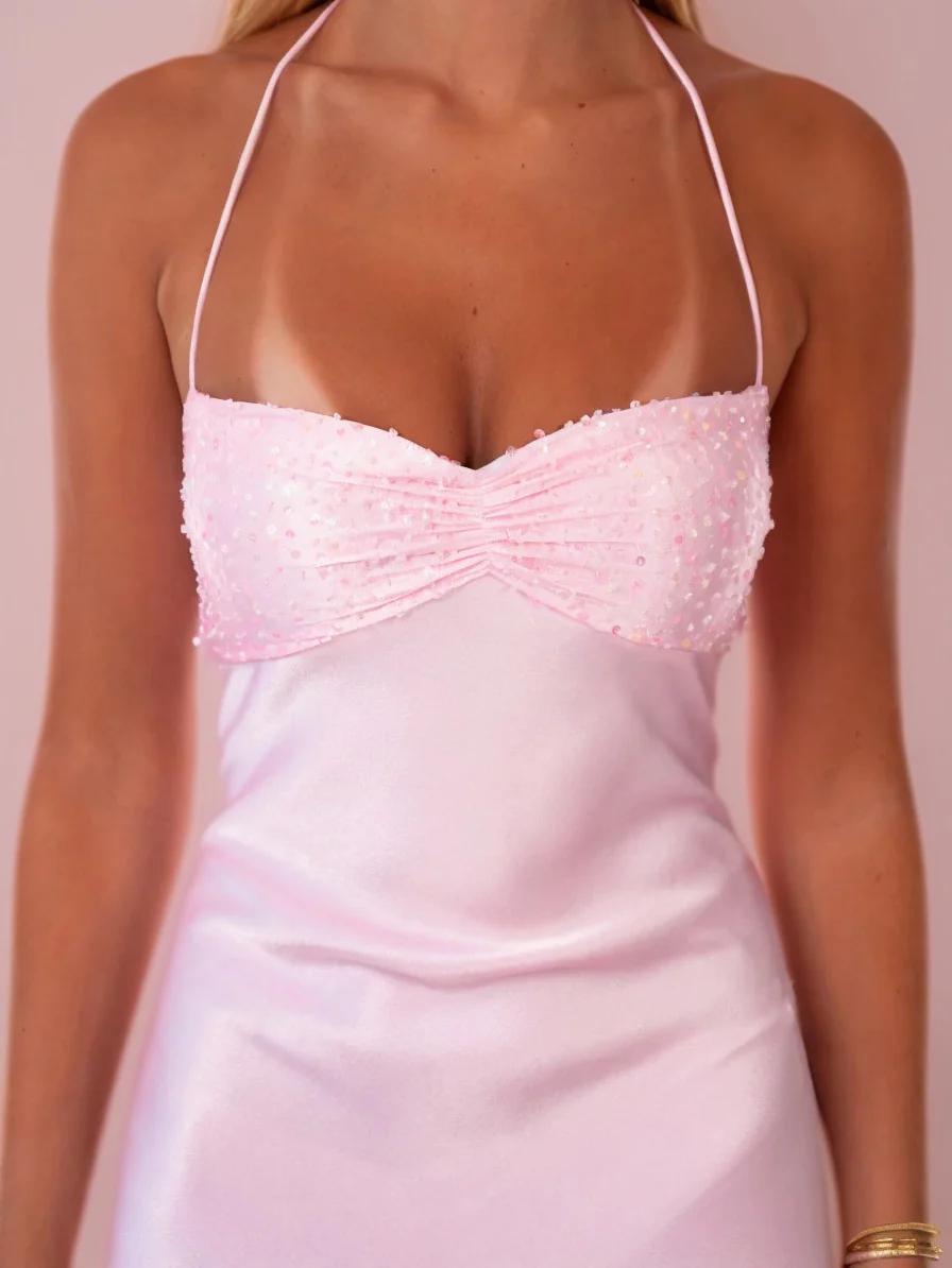 Strapless Sequined Satin Backless Tie-waist Bodycon Maxi Dress - Image 3