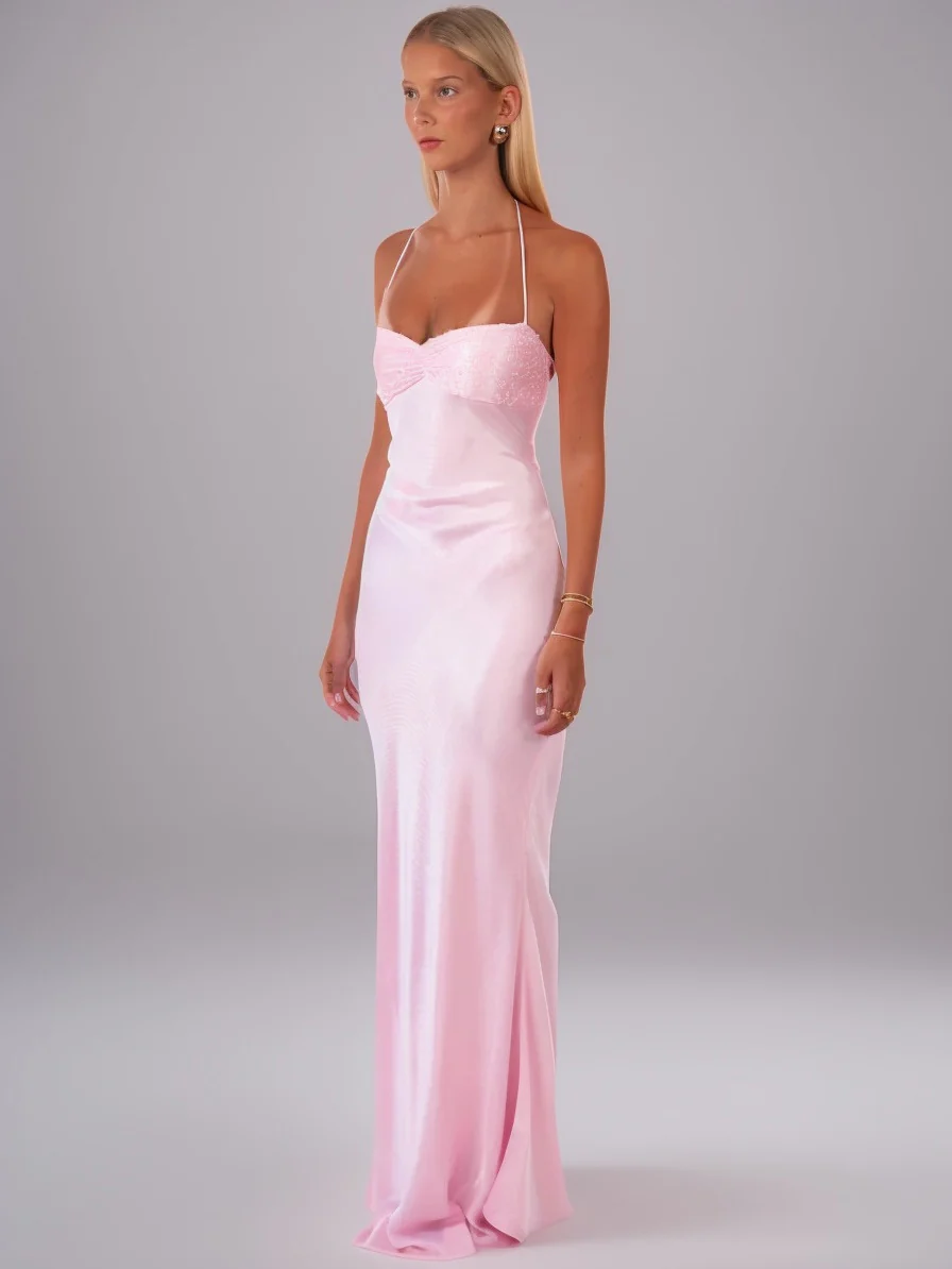 Strapless Sequined Satin Backless Tie-waist Bodycon Maxi Dress - Image 4