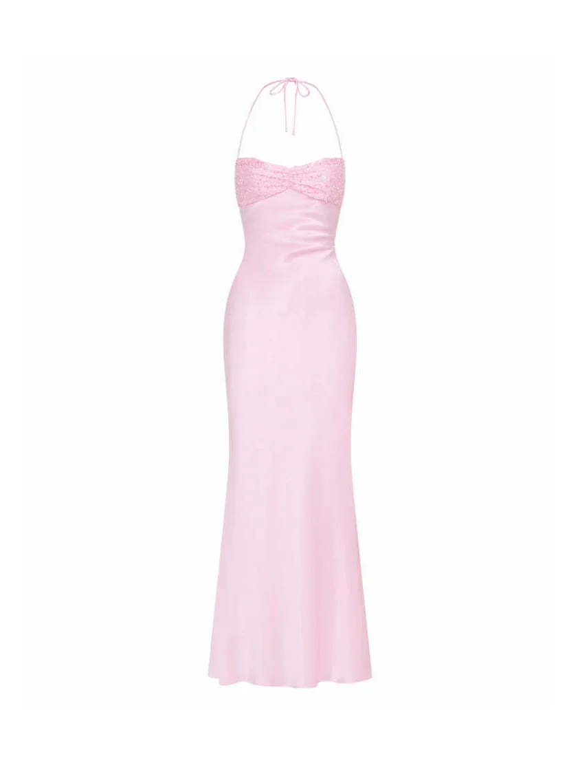 Strapless Sequined Satin Backless Tie-waist Bodycon Maxi Dress - Image 5