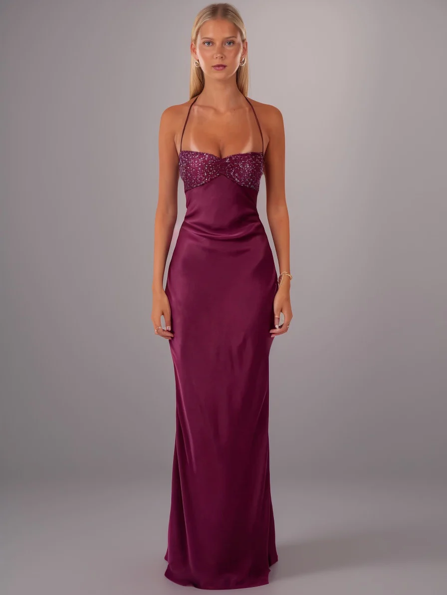 Strapless Sequined Satin Backless Tie-waist Bodycon Maxi Dress - Image 6