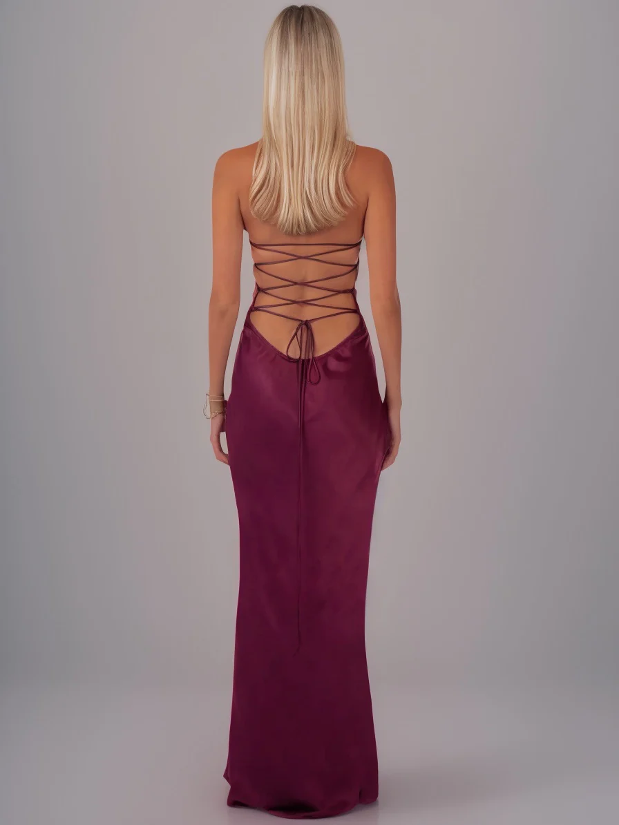 Strapless Sequined Satin Backless Tie-waist Bodycon Maxi Dress - Image 7