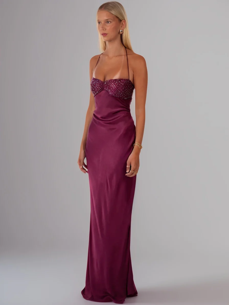Strapless Sequined Satin Backless Tie-waist Bodycon Maxi Dress - Image 8