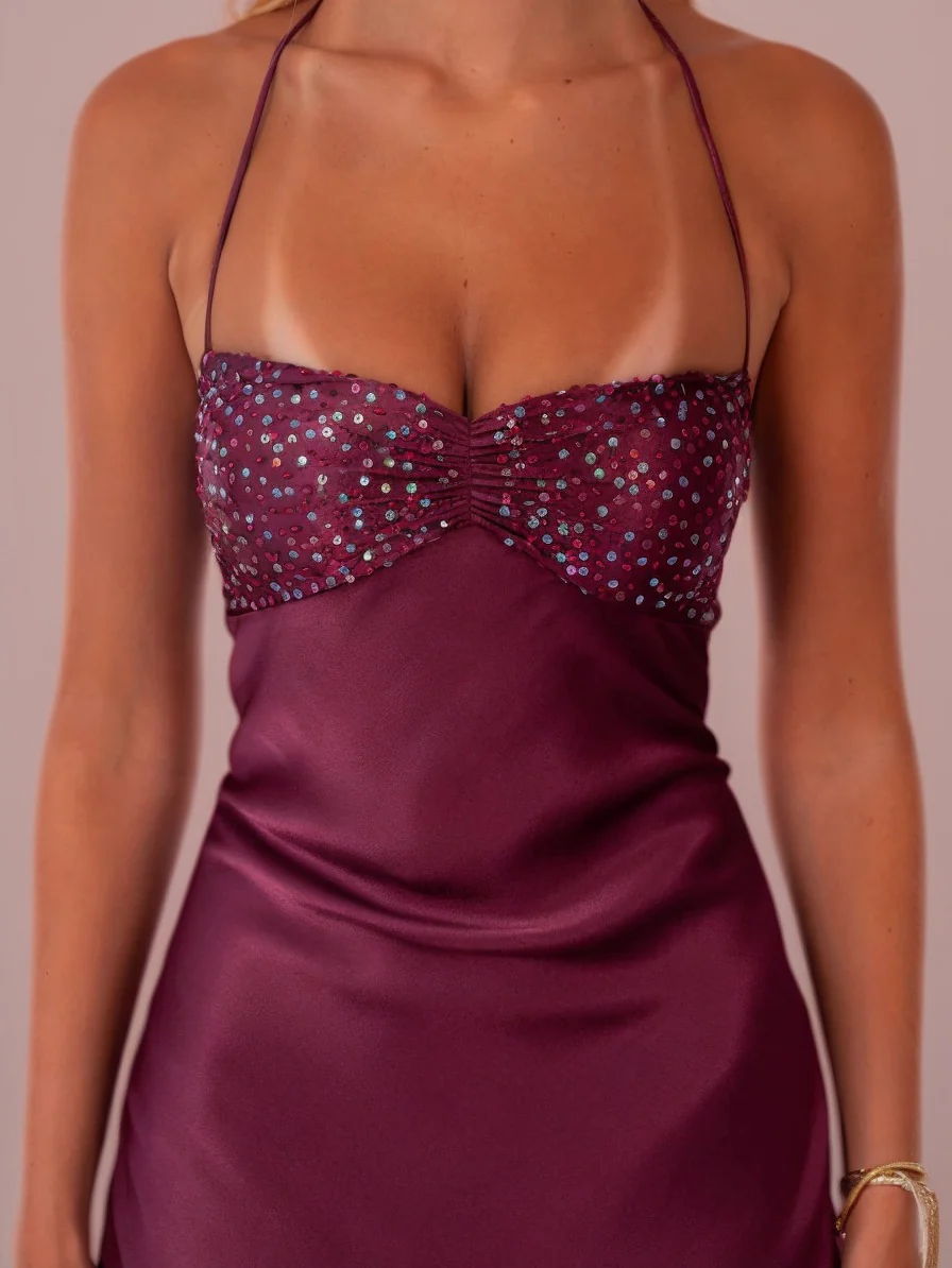 Strapless Sequined Satin Backless Tie-waist Bodycon Maxi Dress - Image 9