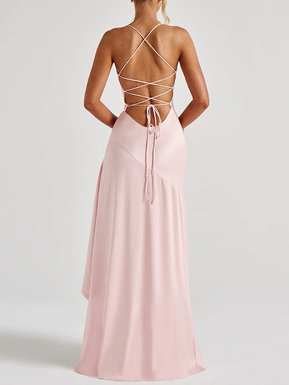 Spaghetti Strap Backless Ruffled Irregular Long Dress - Image 7