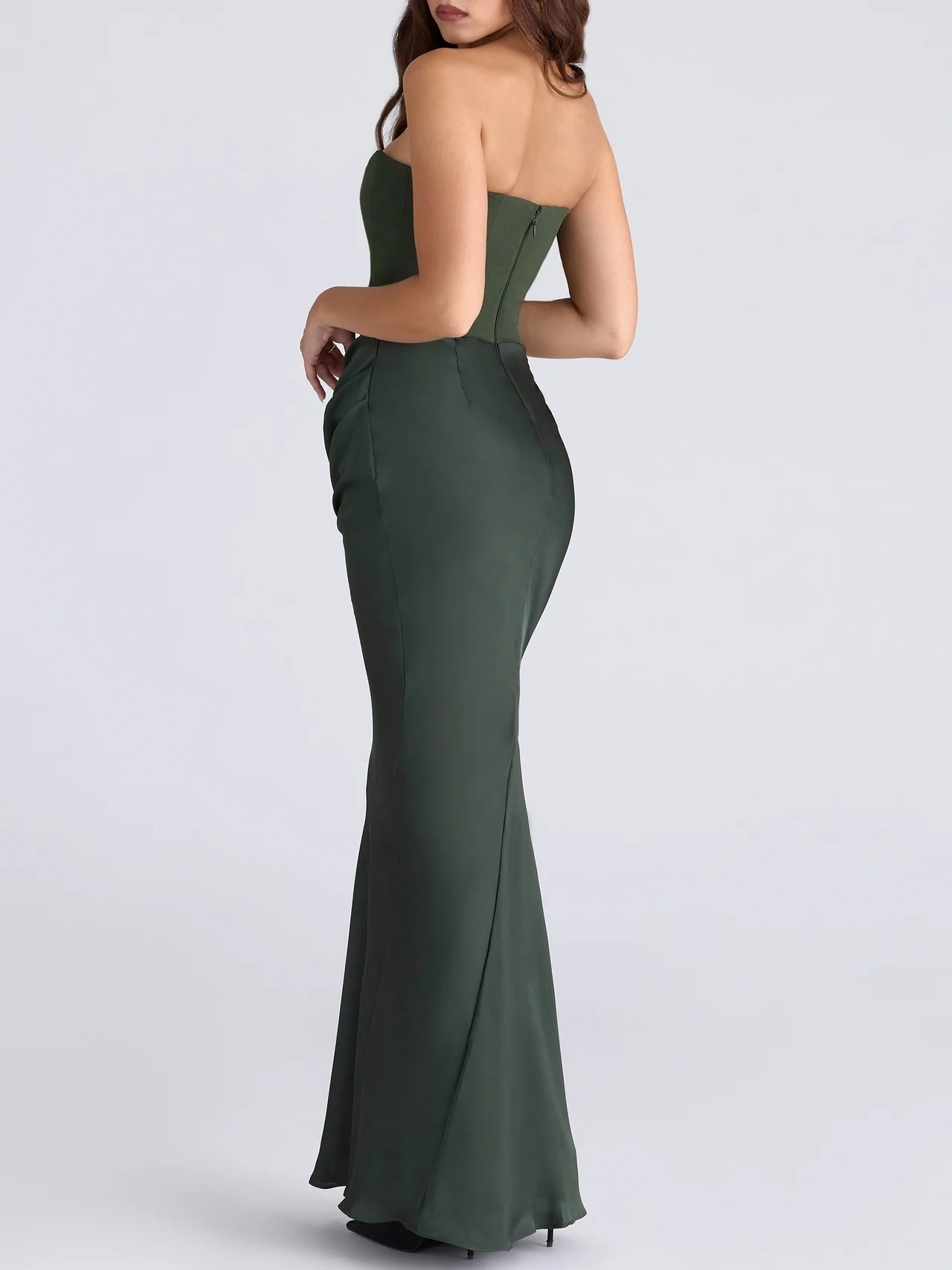 Satin Belted Strapless Off-the-shoulder Fishbone Pleated Long Bodycon Dress - Image 32