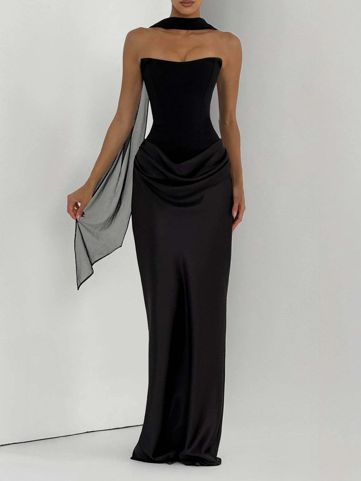 Satin Tie Ribbon Off-shoulder Sexy Strapless Bodycon Maxi Dress With Cinched Waist - Image 14