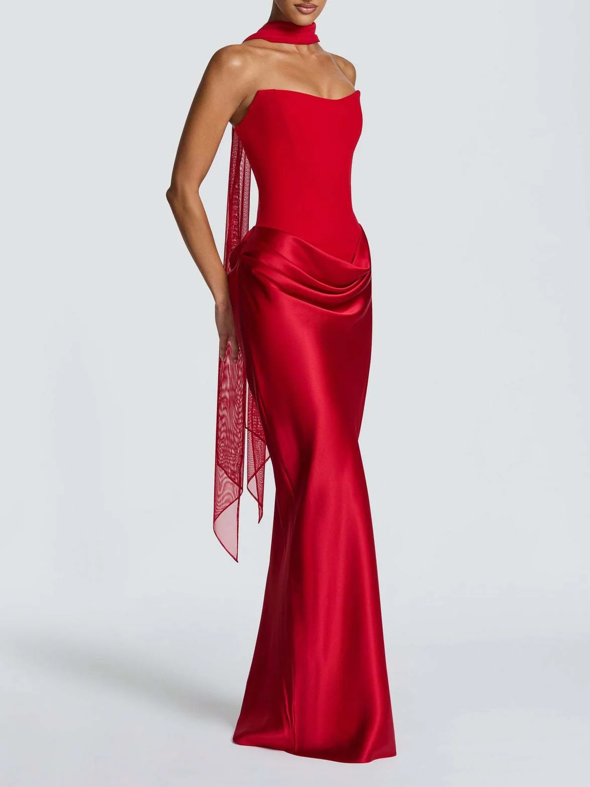 Satin Tie Ribbon Off-shoulder Sexy Strapless Bodycon Maxi Dress With Cinched Waist - Image 5