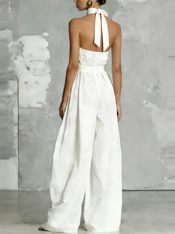 Waist-cinching Halter Neck Tie-up Pleated Jumpsuit - Image 2