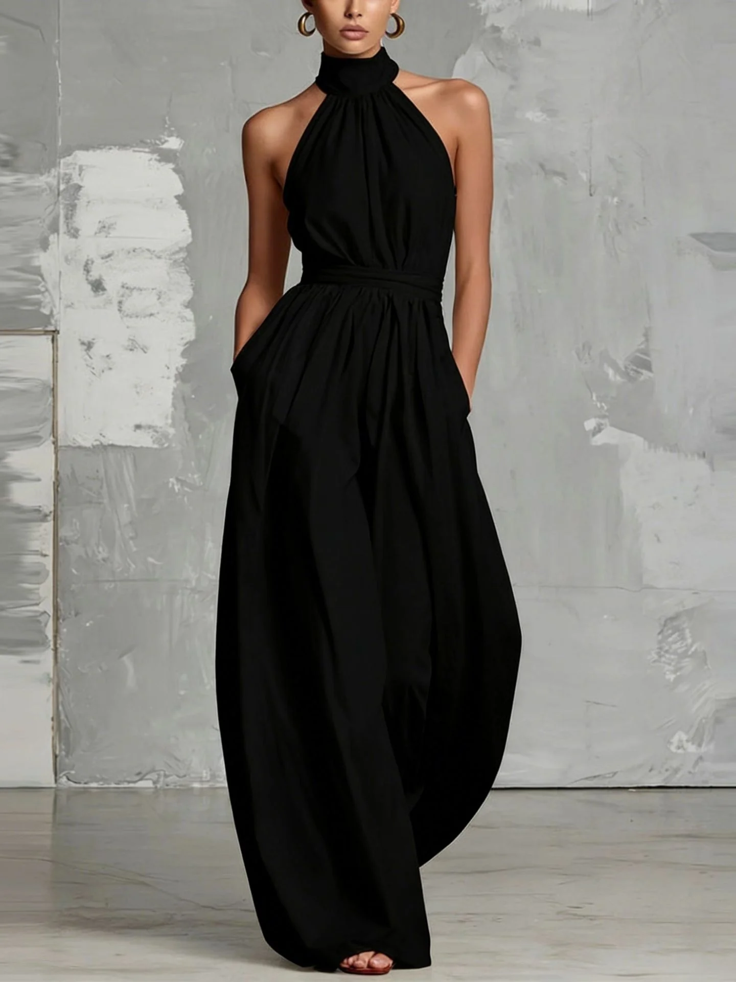 Waist-cinching Halter Neck Tie-up Pleated Jumpsuit - Image 3