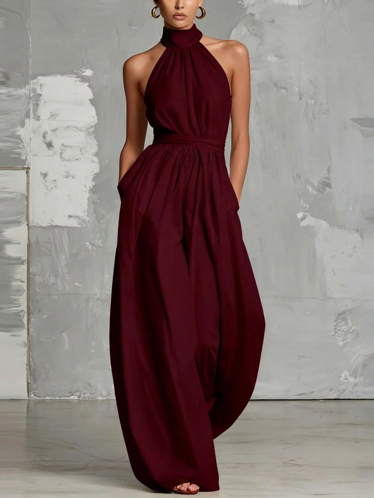 Waist-cinching Halter Neck Tie-up Pleated Jumpsuit - Image 4