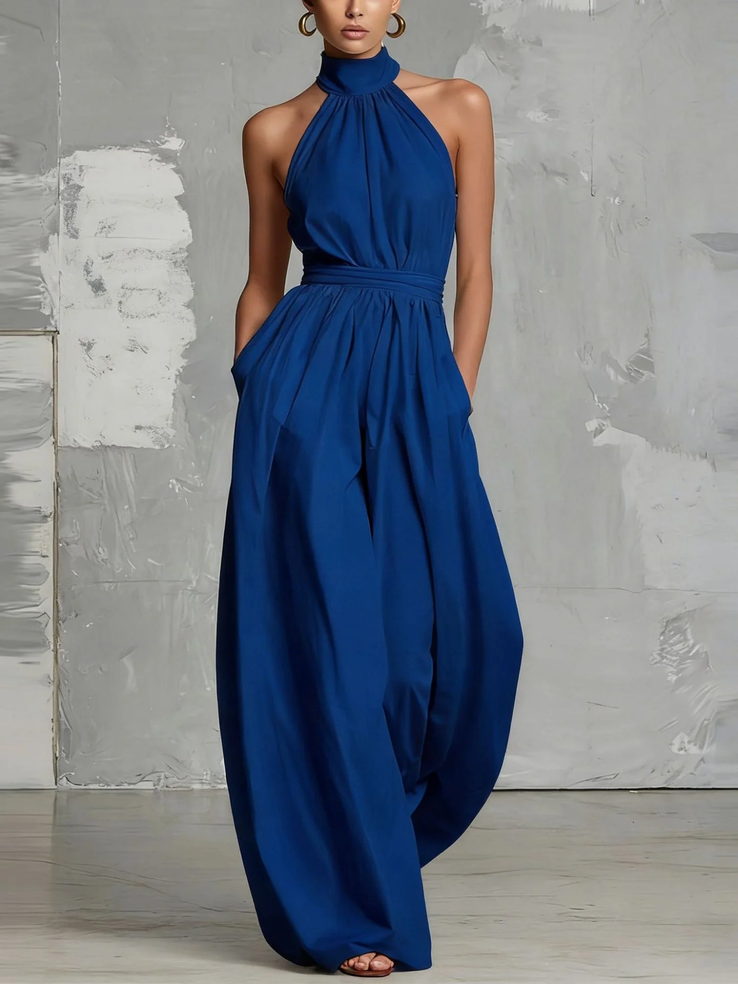 Waist-cinching Halter Neck Tie-up Pleated Jumpsuit - Image 5