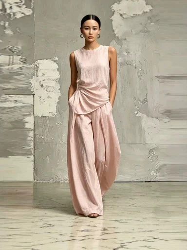 Casual Solid Color Round Neck Loose Sleeveless Top And High-waisted Trousers Two-piece Set - Image 2